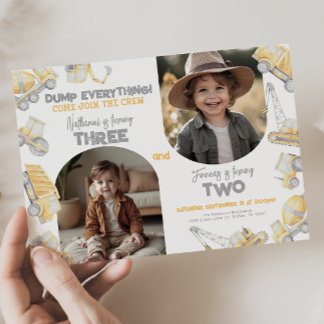 Construction Sibling Twin Brother Birthday Party Invitation