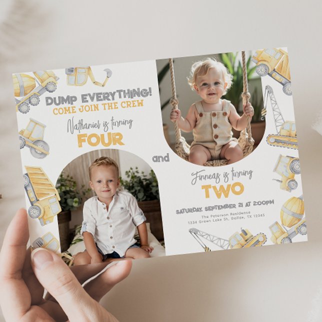 Construction Sibling Twin Dual Birthday Party Invitation (Creator Uploaded)