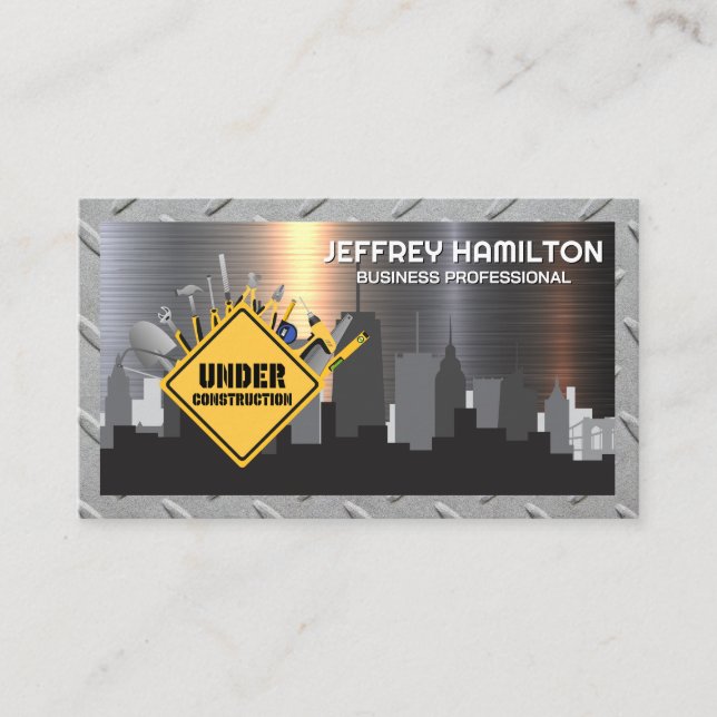 Construction Sign and Tools | City Skyline Business Card (Front)