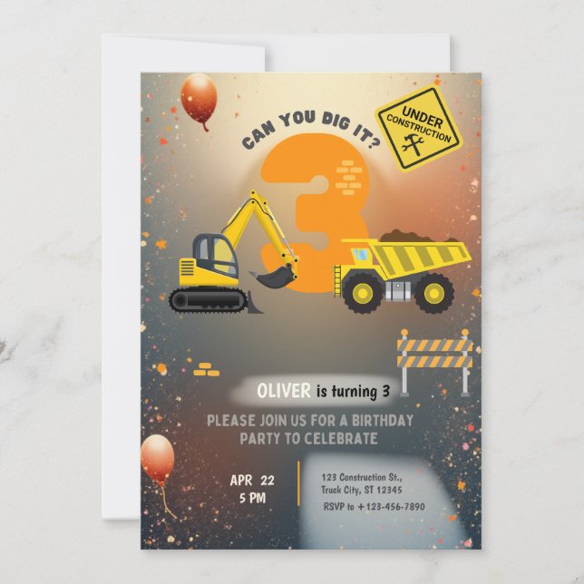 Construction Site Birthday Party Invitation (Front)