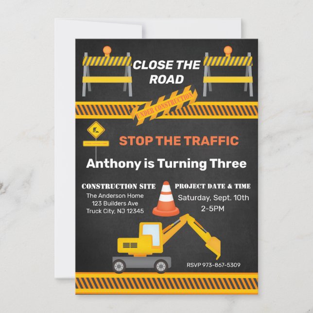 Construction Site Close The Road Kids Birthday  Invitation (Front)