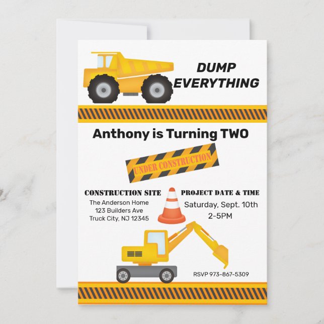 Construction Site Dump Truck Kids Birthday  Invitation (Front)