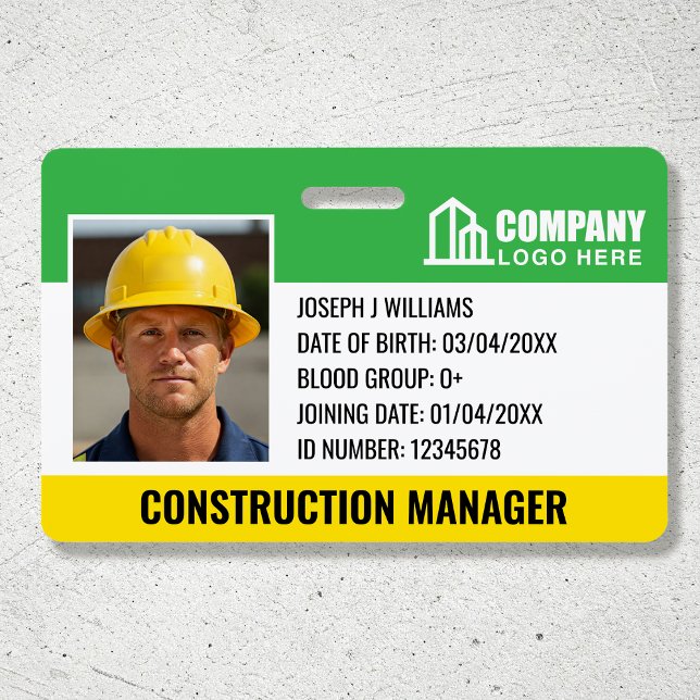 Construction Site ID Logo Barcode Green Template ID Badge (Creator Uploaded)