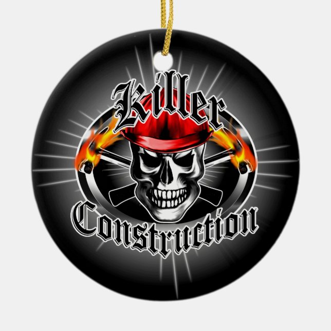 Construction Skull With Red Hard Hat Ceramic Tree Decoration (Front)