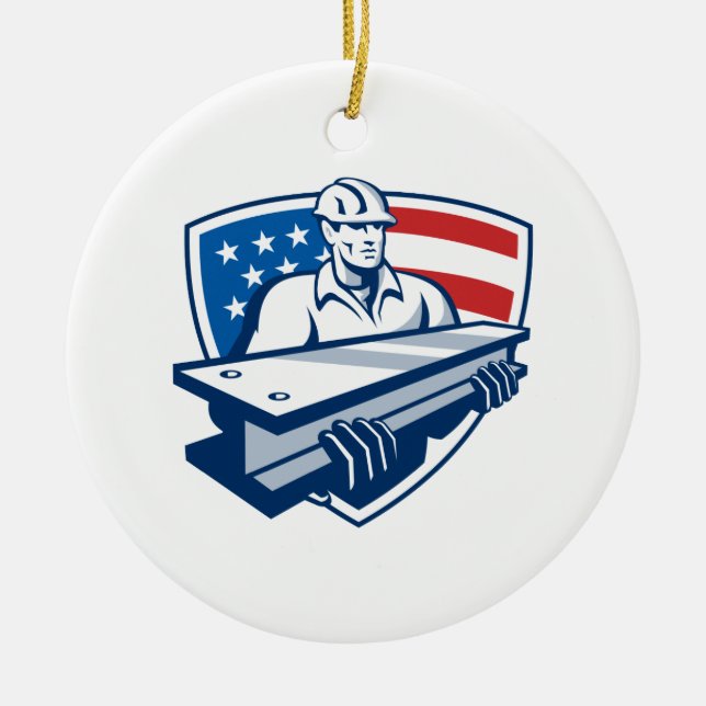 Construction Steel Worker I-Beam American Flag Ceramic Ornament (Front)