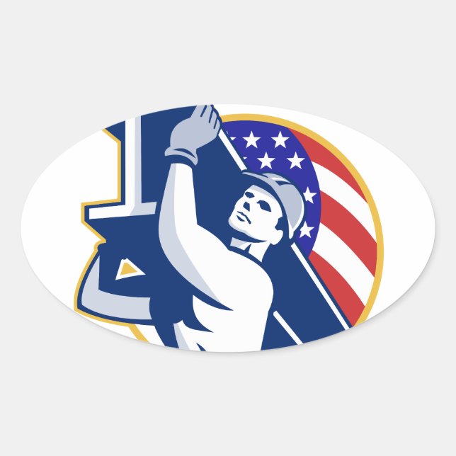 Construction Steel Worker I-Beam American Flag Oval Sticker (Front)