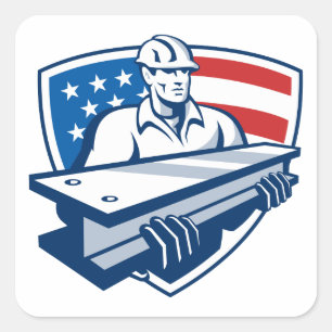 Construction Steel Worker I-Beam American Flag Square Sticker