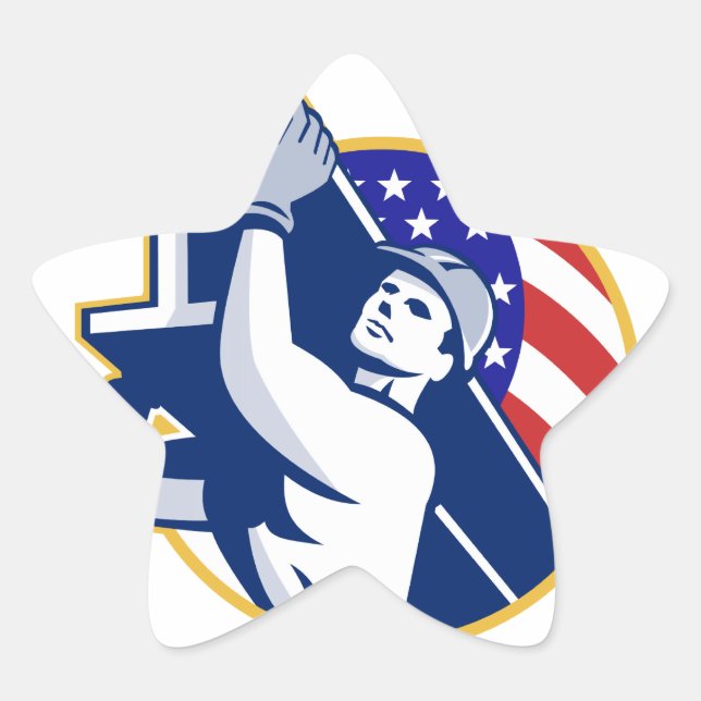 Construction Steel Worker I-Beam American Flag Star Sticker (Front)