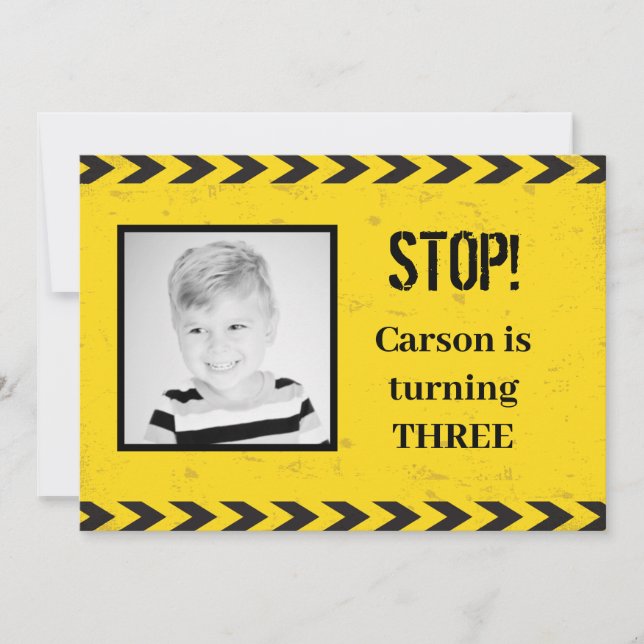 Construction Tape Kids Photo Yellow Birthday Party Invitation (Front)