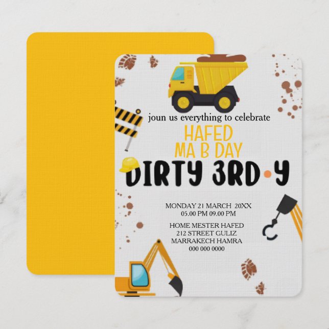 Construction Theme 3rd Birthday Invitation,, ,Dirt Invitation (Front/Back)