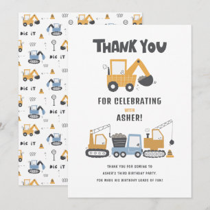 Construction Theme Birthday Party Thank You Card