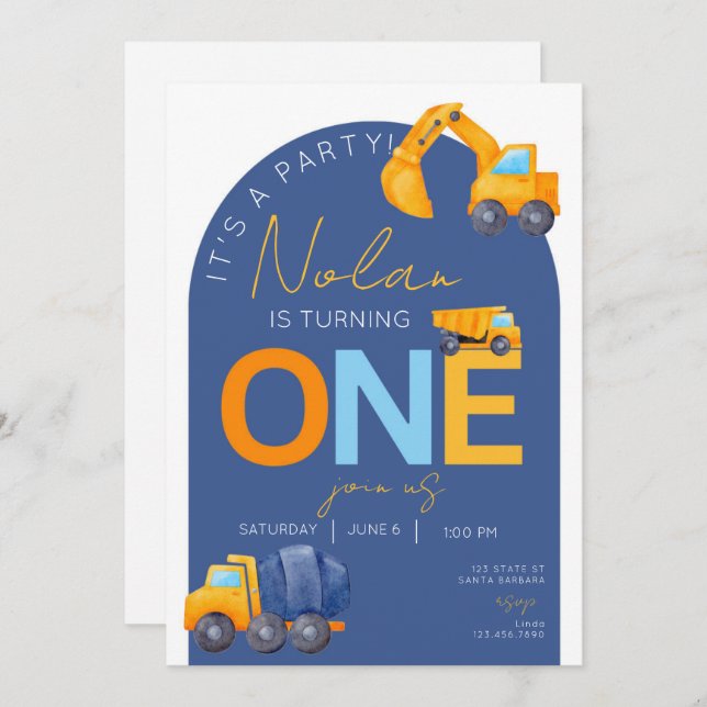  Construction Theme First Birthday Invitation (Front/Back)