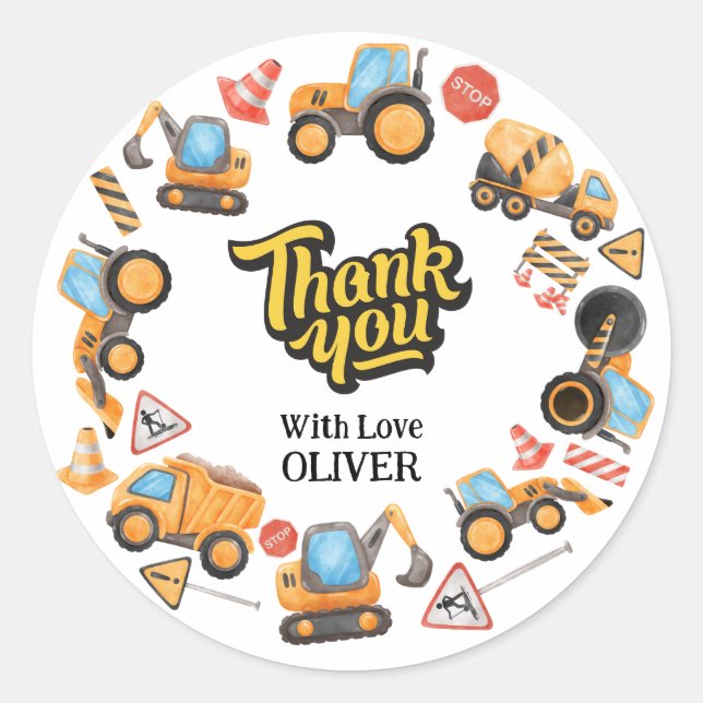 Construction Theme Thank You Birthday  Classic Round Sticker (Front)