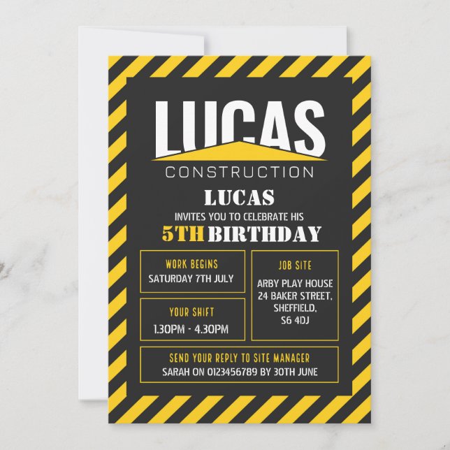 Construction themed birthday party invitation (Front)