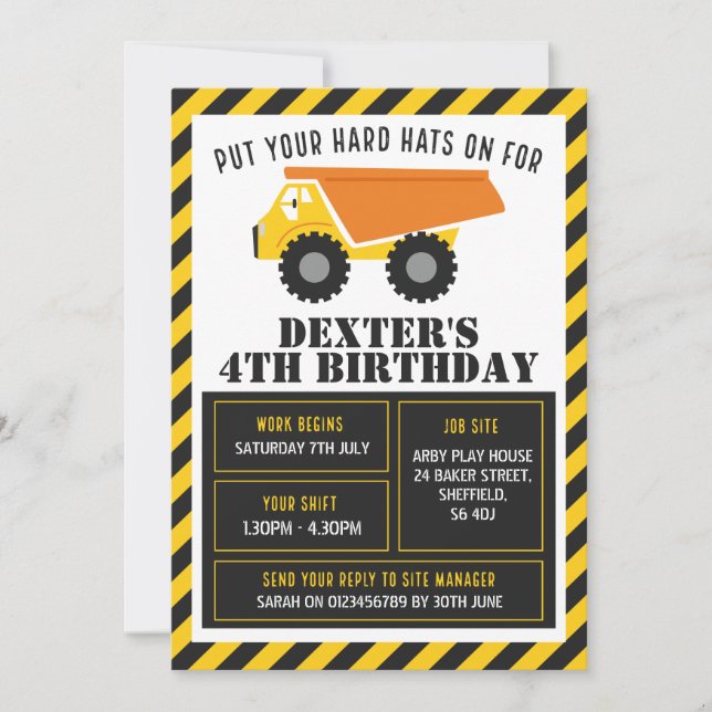 Construction themed birthday party invitation (Front)