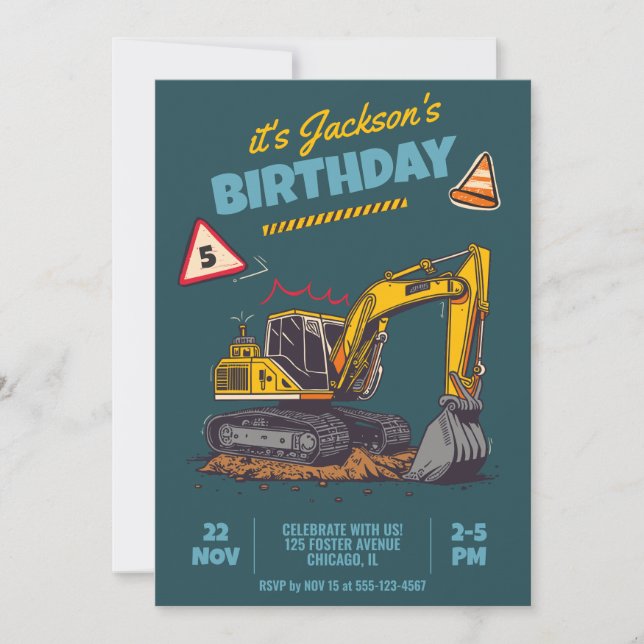 Construction Themed Child Birthday Party Invitation (Front)