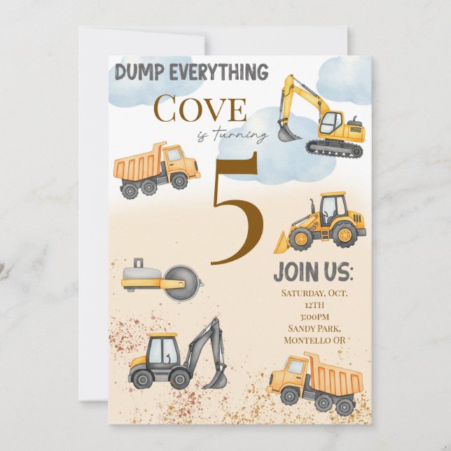 Construction Themed watercolor Birthday Invite (Front)