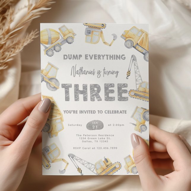 Construction THREE 3rd Birthday Party Invitation (Creator Uploaded)