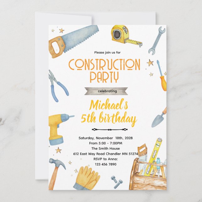Construction Tools theme invitation (Front)
