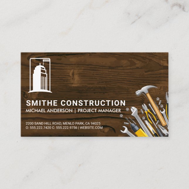 Construction Tools | Wood and Building Logo Business Card (Front)