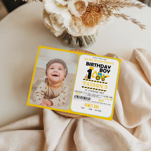 Construction Truck 1st Birthday Photo   Kids  Invitation