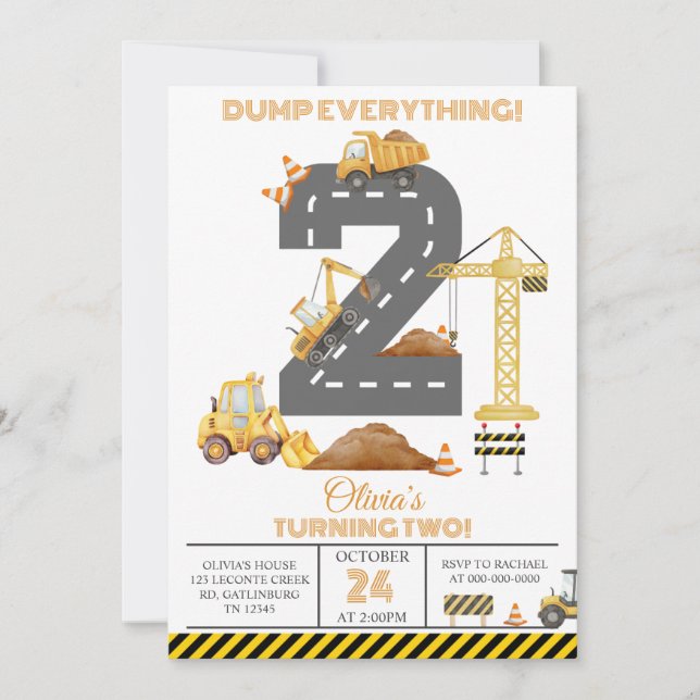 Construction Truck 2nd Birthday Invitation (Front)