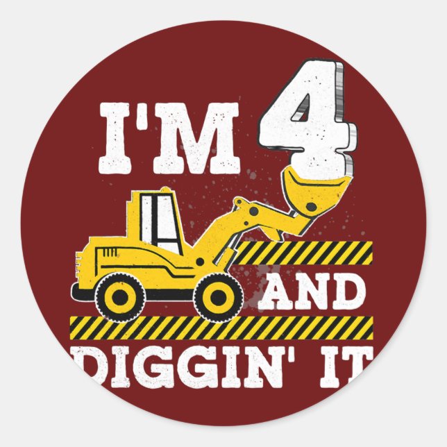 Construction Truck 4th Birthday Boy Excavator 4 Classic Round Sticker (Front)