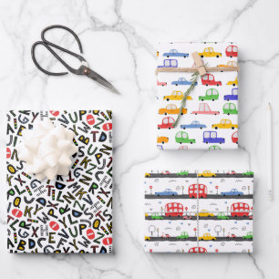 Construction Truck And Alphabet Pattern Wrapping Paper Sheet