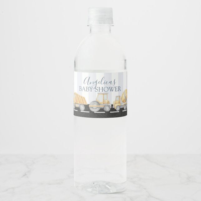 Construction Truck Baby Shower Birthday Water Bott Water Bottle Label (Front)