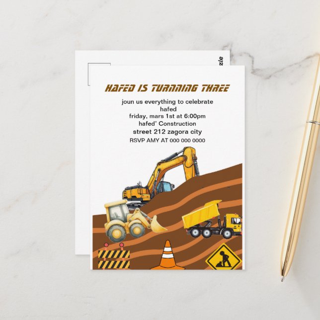 Construction Truck Birthday Invitation, Digging it Postcard (Front/Back In Situ)