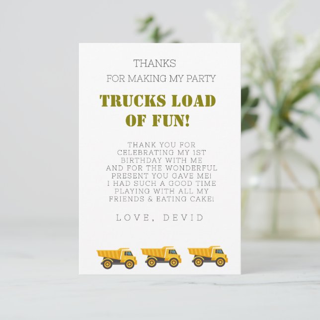 Construction Truck Birthday Note Card (Standing Front)