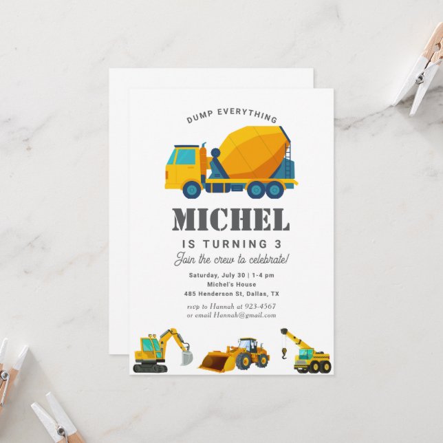 Construction Truck Birthday Party Decoration Invitation (Front/Back In Situ)