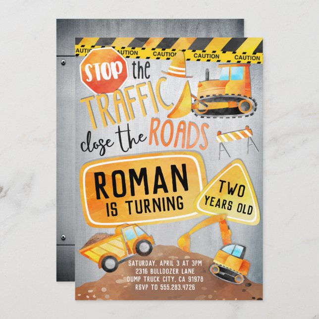 Construction Truck Birthday Party Invitation (Front/Back)