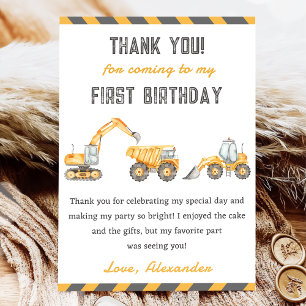 Construction Truck Birthday Party Thank You Card 
