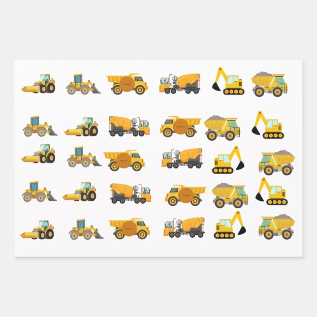 Construction Truck Birthday Party Wrapping Paper Sheet (Front)
