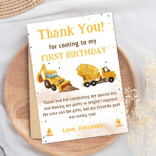 Construction Truck Birthday Photo Thank You Card 