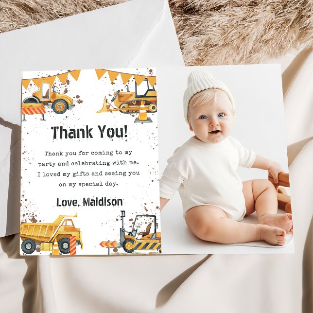 Construction Truck Birthday Photo Thank You Card (Creator Uploaded)