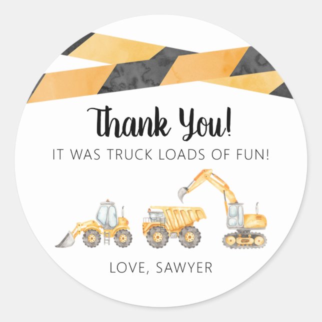 Construction Truck Birthday Thank You Sticker (Front)