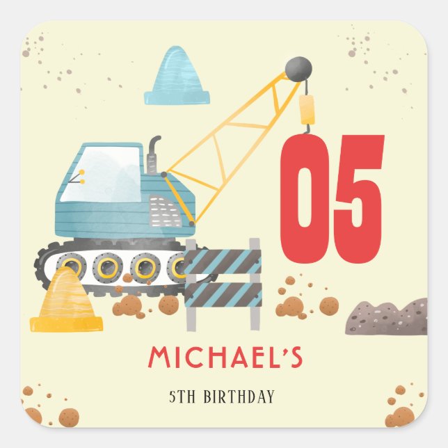 Construction truck boy birthday square sticker (Front)