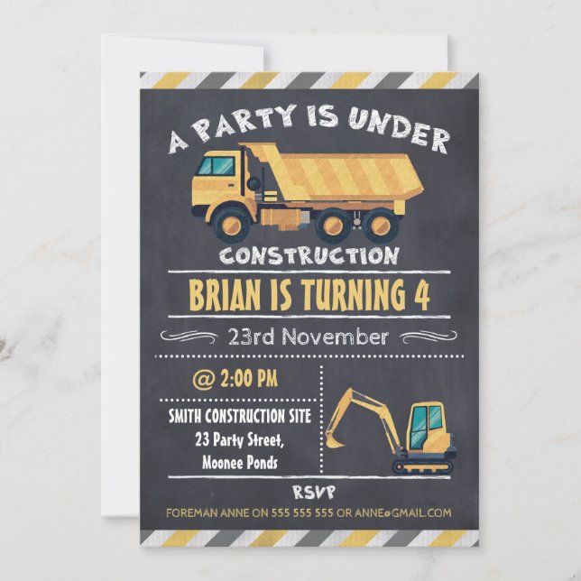 Construction Truck Chalkboard Birthday Invitation (Front)