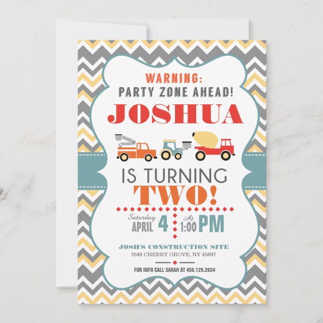 Construction Truck Chevron Birthday Invite (Front)