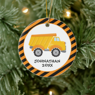 Construction Truck Cute Boy Monogram Kids Ceramic Ornament