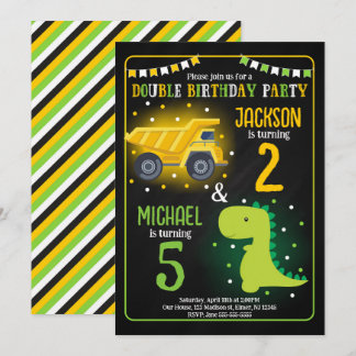 Construction Truck Dinosaur Sibling Joint Birthday Invitation