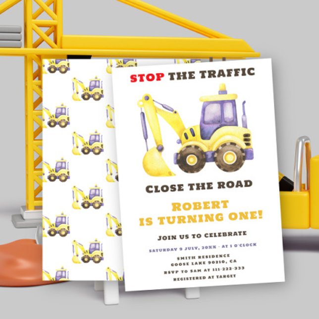 Construction Truck Excavator Birthday Party Invitation (Creator Uploaded)