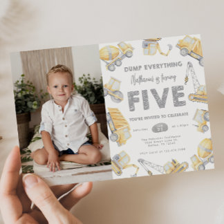 Construction Truck FIVE 5th Birthday Party Invitation