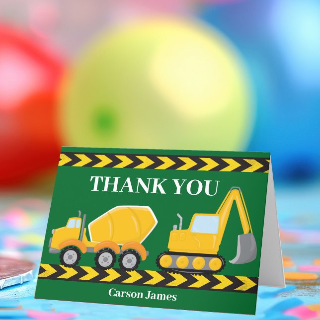 Construction Truck Green Boys Birthday Party Thank You Card (Creator Uploaded)