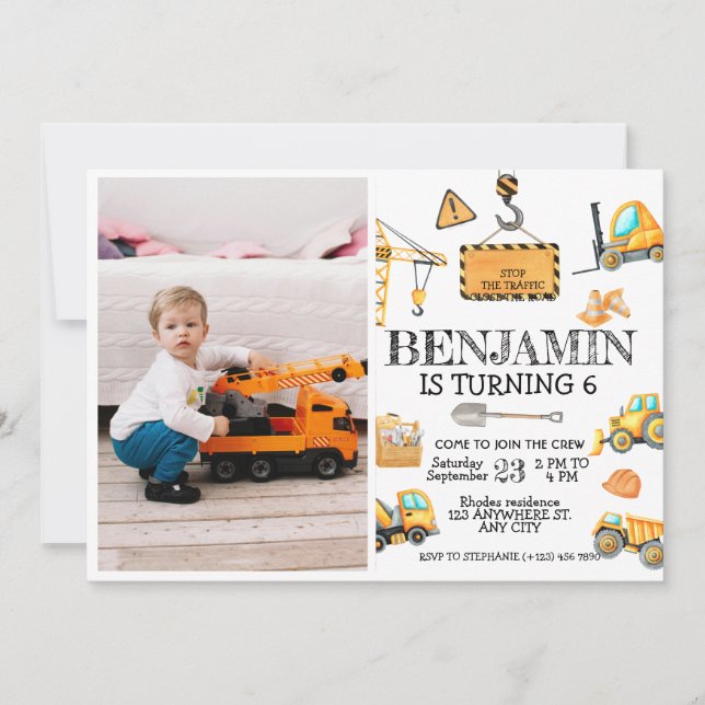 Construction Truck Kids Birthday Party Photo Invitation (Front)
