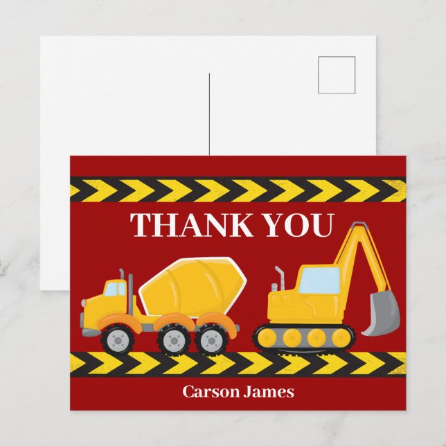 Construction Truck Kids Birthday Party Thank You Postcard (Front/Back)