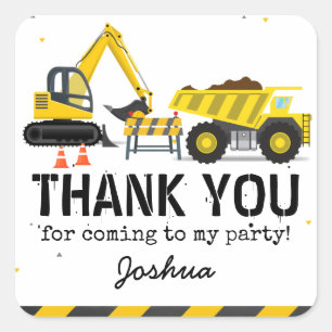 Construction Truck Kids Birthday Party Thank You Square Sticker