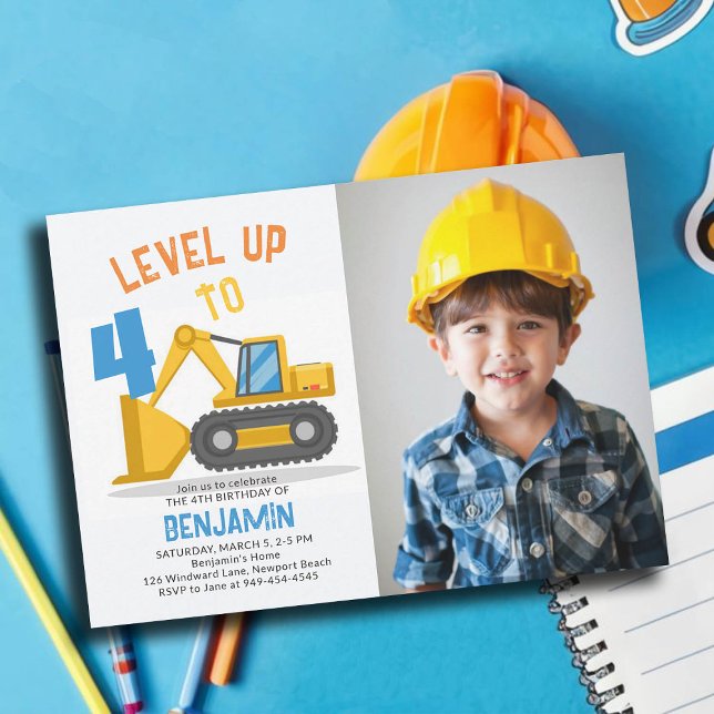 Construction Truck Level Up Photo Boy 4th Birthday Invitation (photo construction invitation 4th birthday fourth four boys bulldozer vehicle truck personalized)